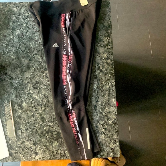 Adidas new w tag midrise long running tights black with white/ pink trim - Picture 2 of 6